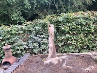 a wooden sculpture in a garden next to a fire pit