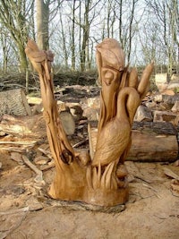 a wooden sculpture of a bird in the woods