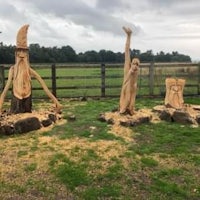 a group of wood carvings in a field