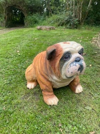 a statue of a bulldog sitting on the grass