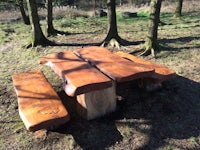 a wooden picnic table in a wooded area