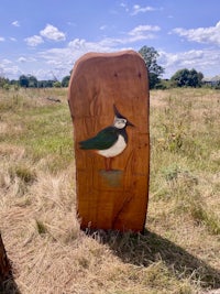 a wooden carving of a bird in a grassy field