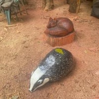 two statues of a badger and a fox sitting on the ground