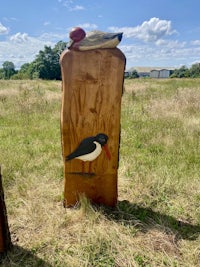 a wooden carving of a bird on a log in a field