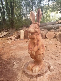 a wooden statue of a rabbit standing in a wooded area