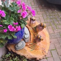 owls on a rock in front of a flower pot