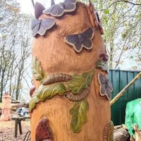 a tree stump with butterflies on it