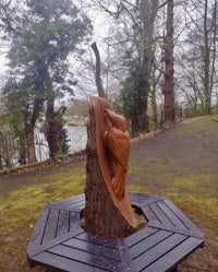 a wooden bench with a carving of a bird on it