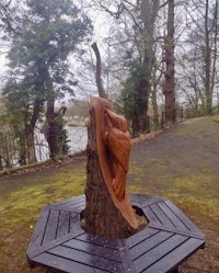 a wooden bench with a carving of a bird on it