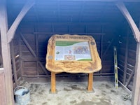 a wooden board with a sign on it in a shed